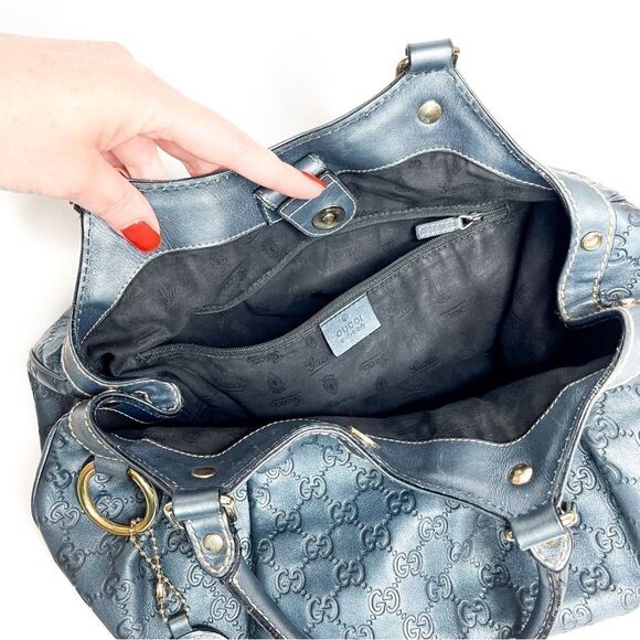 🍋 Gucci Blue Guccissima Leather Medium Sukey Satchel Bag - Picture 7 of 9